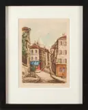 Onduidelijk gesigneerd, Parijs, Onduidelijk gesigneerd omstreeks 1940, Parijs la Rue Morvens, ingekleurde ets op papier, 15,5x22cm