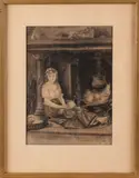 Onduidelijk gesigneerd, 19e eeuw, Onduidelijk gesigneerd 19e eeuw poetsvrouw uitrustend bij openhaard, houtskool op papier 25,5x18cm