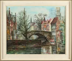 Monogram W.B., stadsgezicht Brugge, Monogram W.B 1972 stadgezicht met gracht, gemengde techniek op linnen, 50x60cm