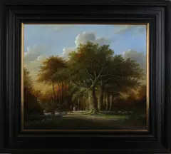 bospartij by Thomas Heesakkers, Thomas heesakkers 20e eeuw, Romantisch bosgezicht met figuren en vee, olieverf op paneel 60x70cm, offered Oct 2016