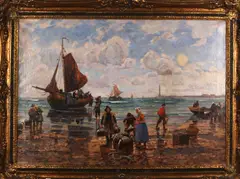 vissers by F.M. Richter, Max Richter Reich 1896-1950 Duitse school vissers op strand bij het uitladen van vangst. olieverf op linnen 100x70cm, offered Oct 2016