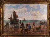 F.M. Richter, vissers, Max Richter Reich 1896-1950 Duitse school vissers op strand bij het uitladen van vangst. olieverf op linnen 100x70cm