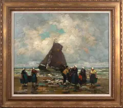 H. Hearendel, visserslandschap Volendam, Harry Haerendel 1896-1991 Hamburg, vissersvolk met boot op strand, olieverf op paneel