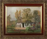 Suze Slager-Velsen, boerderij, Suze Slager- v Velsum, boerderij met boerin, olieverf op linnen 30x40cm