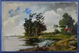 Chris Lanooy, meertje, Chris Lanooy 1881-1948 toegeschreven aan landschap met rietkraag, olieverf op linnen 36x55cm