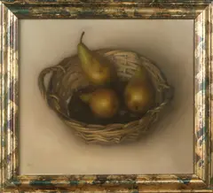 François Albertinus Mooy, stilleven, Mooy 1884-1968 stilleven mand met peren, olieverf op paneel 41x35,5cm