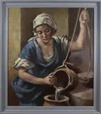 M. Christoph, vrouw aan waterkant, Christoph omstreeks 1960 Duitse school, vrouw bij waterpret, olieverf op linnen 70x80cm