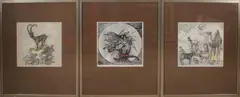 3x Onduidelijk, litho, Drie x onduidelijk gesigneerd, Duitse school, voorstellingen met dieren, lithografie op papier, 31x29cm