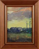 P. van den Braken, boerderijtje, Peter van den Braken 1896-1979, landschap met avondlucht, olieverf op paneel 21x15cm