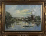 J. van Delden, waterlandschap met molen, J. van Delden, poldergezicht met watermolen, olieverf op linnen 50x70cm