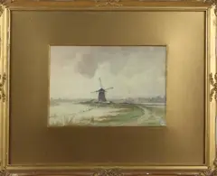 M. Gidding, molen, Gidding 1863-1925 polderlandschap met molen en stad in de verte, aquarel op papier 25x17cm