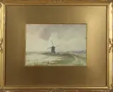 M. Gidding, molen, Gidding 1863-1925 polderlandschap met molen en stad in de verte, aquarel op papier 25x17cm