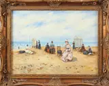 Schilderij Deneuf, strandgezicht, Ongesigneerd 20e eeuw, strandgezicht met dames, olieverf op paneel 30x40cm