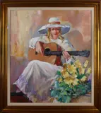 Onduid. gesigigneerd, gitarist, Onduidelijk, Jose Kwaak? omstreeks 1980, gitaarspelende dame, olieverf op linnen 70x80cm.Cond:G