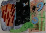 Bep Toscani, gemengde techniek, Bep Toscani '97 (geb.1940) abstracte compositie, gemende techniek op papier 55x74cm