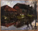 P.C. van der Wilt, boerderij aan water, P.C van der Wilt, 1908-1976 boerenhuis aan rivier, olieverf op linnen