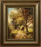 Ton Anconé, vrouw op weg, Ton Ancone (Oldenzaal) wandelaar in bospad, olieverf op paneel 24x30cm