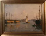 Schilderij haven, Alfred Olsen, Alfred Olsen 1854-1932, haven van Kopenhagen met vele schepen en figuren, olieverf op linnen 65x50cm