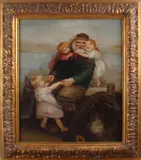 20e eeuw by Onduidelijk gesigneerd, Onduidelijk gesigneerd 20e eeuw, oude vissersman spelend met kinderen, olieverf op linnen 50x60cm, offered Jul 2016