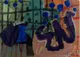 Bep Toscani '98 (geb, gemengde techniek, 1940) herkomst beeld+aambeeld, abstracte compositie, gemengde techniek op papier 55x74cm