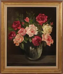 C. Neuhaus, stilleven rozen, Neuhaus omstreeks 1940, stilleven vaas met rozen, olieverf op paneel 43x36cm