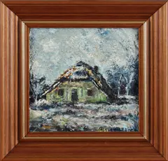 P. van den Braken, landschap, Peter van den Braken 1896-1979 boerderij in de winter, olieverf op paneel 16x16cm