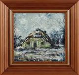 P. van den Braken, landschap, Peter van den Braken 1896-1979 boerderij in de winter, olieverf op paneel 16x16cm