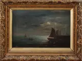 ca. 1900 by Onduidelijk gesigneerd, Onduidelijk gesigneerd omstreeks 1900, zeegezicht met boten bij nacht, olieverf op linnen 30,5x20,5 Cond:G, offered Jul 2016