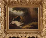Engels schilderij, honden en vos, Edward Armfield, Engelse school 1817-1896, twee terriers op vossenjacht, olieverf op linnen 40x30cm Cond:G