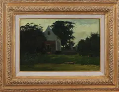 Arie Witjens, boerderij, Jacques Witjens 1881-1956, boerderij met kippen, en boer bij deuropening, olieverf op paneel 20x30cm Cond:G