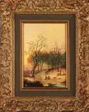 Wim Poelman, winter, Wim Poelman 20e eeuw, romantisch wintergezicht met figuren, olieverf op paneel 13,5x19,5cm Cond:G