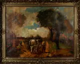 Piet Landkroon, boer met paard, Piet Landkroon Amsterdam 1907-1997, boer met paard op veldweg, olieverf op linnen Cond:G 60x80cm