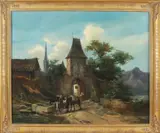 Romantisch schilderij, Dachling, Dachling 19e eeuw (Duitse School), olieverf op linnen, dorpspoort met drenkplaats 68x55cm