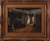 H. v. Leeuwen, stalinterieur, Henk van Leeuwen (van Oudewater) boereninterieur met boerin, schouw en lopende kippen olieverf op linnen 43x32cm Cond:G