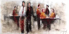 Jochem de Graaf, figuren, Jochem de Graaf, abstracte figuren, gemengde techniek op linnen, 120x60cm