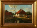 Jac Witjens, kippen bij boerderij, Jacques Witjens (1881-1956) boerderij aan het water met rietsnijder en kippen,olieverf op paneel,35x25cm Cond:G