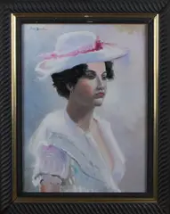 Eric Jacobsen, vrouw, Eric Jacobsen(nagesigneerd) damesportret met hoed, olieverf op paneel 30x40cm