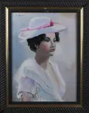 Eric Jacobsen, vrouw, Eric Jacobsen(nagesigneerd) damesportret met hoed, olieverf op paneel 30x40cm
