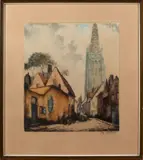 Schilderij v. Neste, dorp, Alfons van Neste, Belgische school, Sous latour, ingekleurde ets op papier 31x28cm