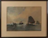 Anton Dirckx, aquarel, Anton Dirckx, Rotterdam 1878-1927, passagiersschip met zeilboten in Hollands kanaal, aquarel op papier, 51x36cm.Cond:G