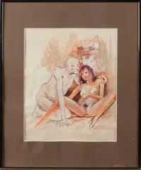 Ongesigneerd schilderij, erotica, Ongesigneerd 2e helft 20e eeuw jonge dame met oudere man, naakt gemengde techniek op papier 33x27cm Cond:G