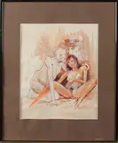 Ongesigneerd schilderij, erotica, Ongesigneerd 2e helft 20e eeuw jonge dame met oudere man, naakt gemengde techniek op papier 33x27cm Cond:G