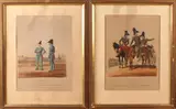 Twee 19e eeuwse prenten, infanterie, Twee 19e eeuwse Duitse infanterie prenten, iets vergeeld 34x24cm Cond:R/G