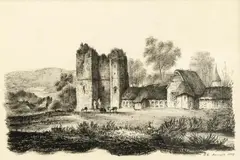 2x Litho, 19e eeuw, Twee 19e eeuwse Engelse tekeningen , Kirkstal Abbey 1828 en EG Harrogate 1824 steendruk op papier Cond:G 21x14cm