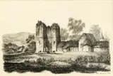 2x Litho, 19e eeuw, Twee 19e eeuwse Engelse tekeningen , Kirkstal Abbey 1828 en EG Harrogate 1824 steendruk op papier Cond:G 21x14cm