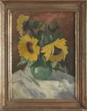 Dieter Sommer, stilleven, Dieter Sommer, Duitse school, vaas met zonnebloemen, olieverf op paneel