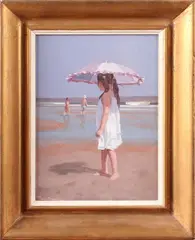 Jan Engel, strand, Jan Engel Luidinga, Den Helder 1916-1991, meisje met parasol op strand, olieverf op paneel 24x18cm Cond:G