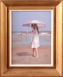 Jan Engel, strand, Jan Engel Luidinga, Den Helder 1916-1991, meisje met parasol op strand, olieverf op paneel 24x18cm Cond:G