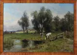 D.A.C. Schipperus, koeien in weide, Schipperus 1840-1929, Hollands landschap met koeien bij een drenkplaats , olieverf op paneel 33x43 Cond:G