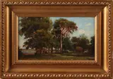 J. v. Vuuren, boslandschap, Jan van Vuuren 1871-1941 landschap met boerenhuizen 30x18cm Olieverf op paneel Cond:G